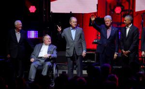 Five former U.S. presidents attend a concert at Texas A&M University benefiting hurricane relief efforts in College Station