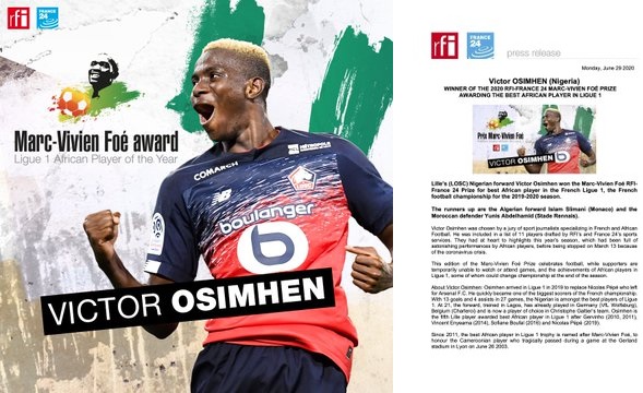 Victor Osimhen win 2020 Marc-Vivien Foe prize for Best African ...