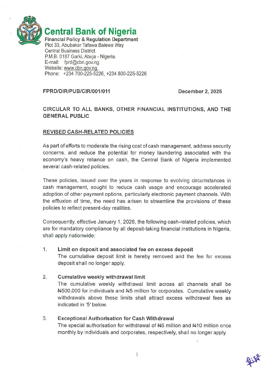 CIRCULAR ON REVISED CASH-RELATED POLICIES