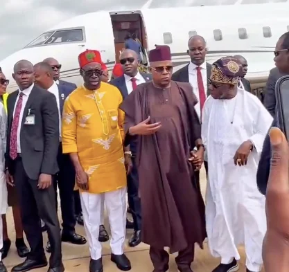 Soludo welcomes Vice President Kashim Shettima, and former Presidents Olusegun Obasanjo, Goodluck Jonathan at Chinua Achebe airport